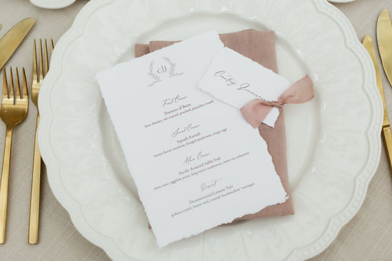 Custom Vintage Wedding Place Cards and Menus on Hand Torn Cotton Paper and Ribbon with a Custom Monogram. 