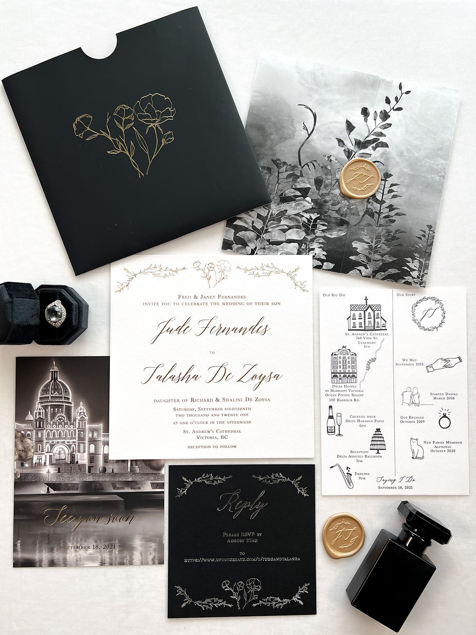Talasha's Custom Wedding Invitation Gold & Silver Foil, Wedding Timeline, Soft Touch Pocket, Vellum Wrap & Wax Seal.