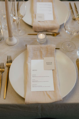 Beautiful Modern White Cotton Menus with Beige Place Cards. 