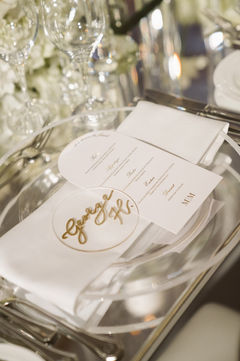 Custom White Soft Touch Arch Menu with Digital Gold Foil.  