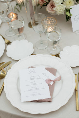 Custom Vintage Wedding Place Cards and Menus on Hand Torn Cotton Paper and Ribbon with a Custom Monogram. 