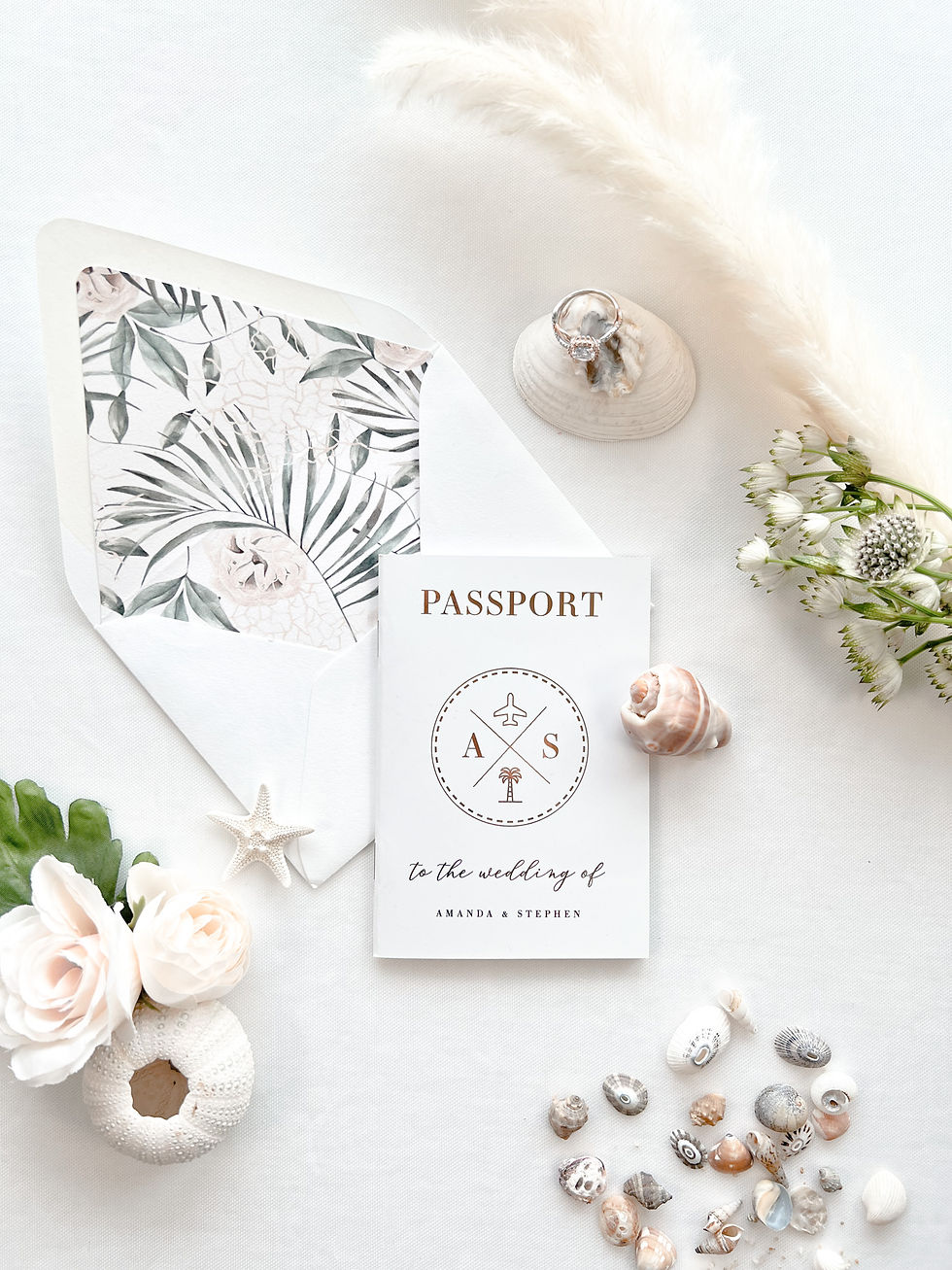 Amanda's Custom Wedding Invitation, Passport Design, Rose Gold Foil Cover, Soft Touch pages with custom Envelope Liner.