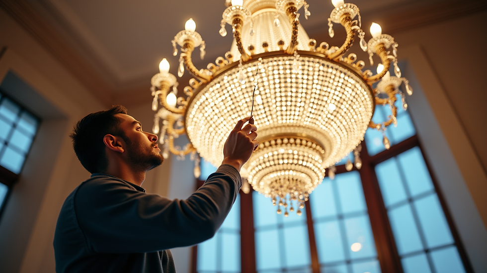 Eye-level view of a technician cleaning a large crystal chandelier