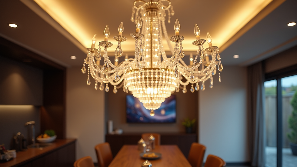 Eye-level view of a modern crystal chandelier with LED lights in a dining room