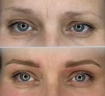 Natural-looking powder brows enhancement on smooth skin, showcasing long-lasting, semi-permanent makeup results from Prettyol