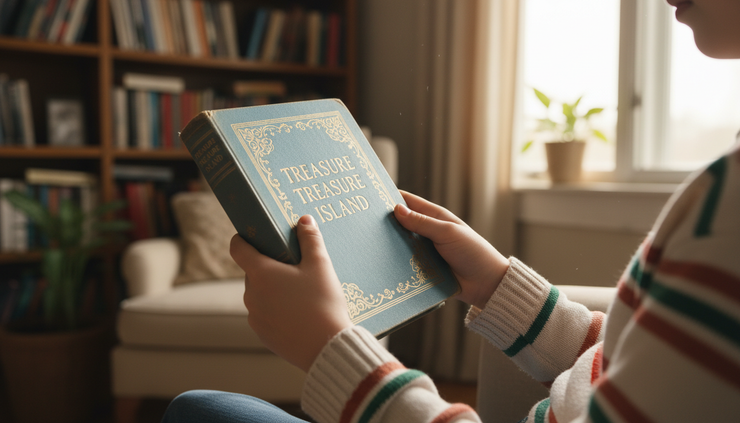 Eye-level view of a young reader holding an old hardcover book near a sunny window