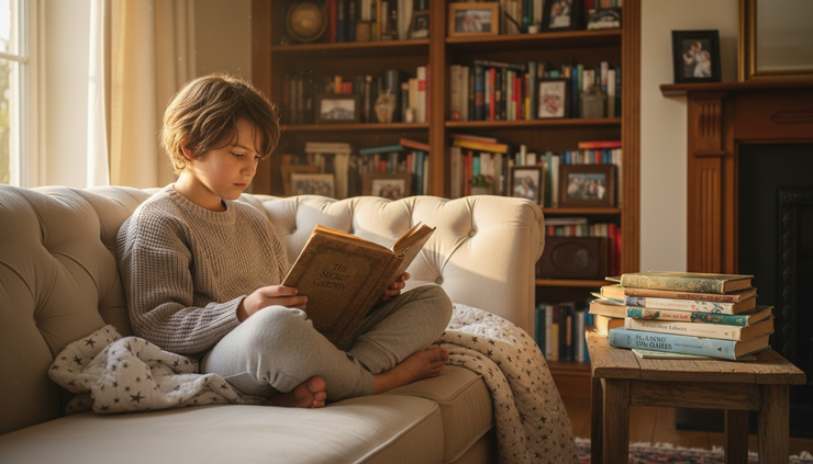Eye-level view of a child reading a worn classic book on a cozy couch