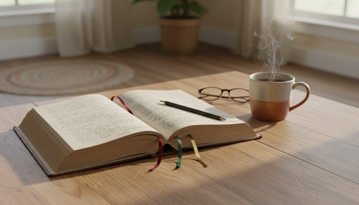 Close-up view of handwritten notes beside an open antique book