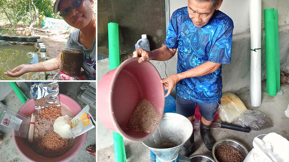 Rural farmer transforming expired dried commercial food to pellets to feed their livestocks