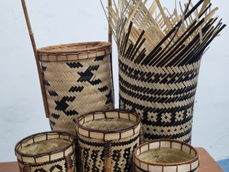 A display of finished and half-finished handmade craft items