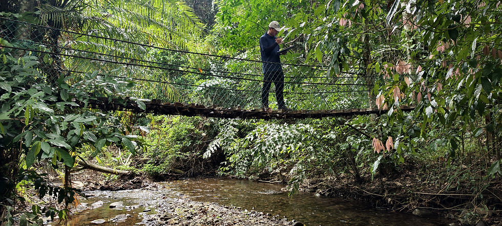 RuralKita field team member standing on a narrow suspension bridge with wooden planks and wire mesh railings above a rocky river in Kampung Talukung, Kota Belud, Sabah.