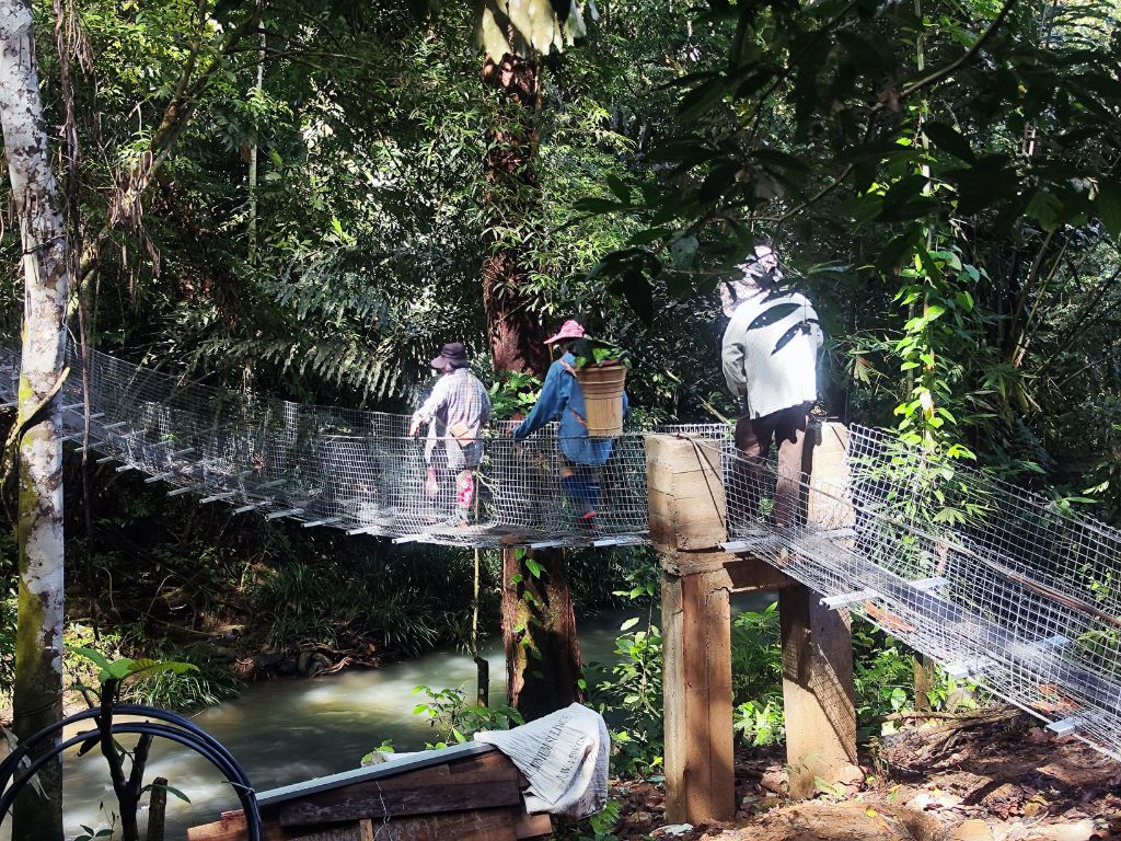 A few rural villagers carrying their stuffs while crossing over the newly repaired suspension bridge