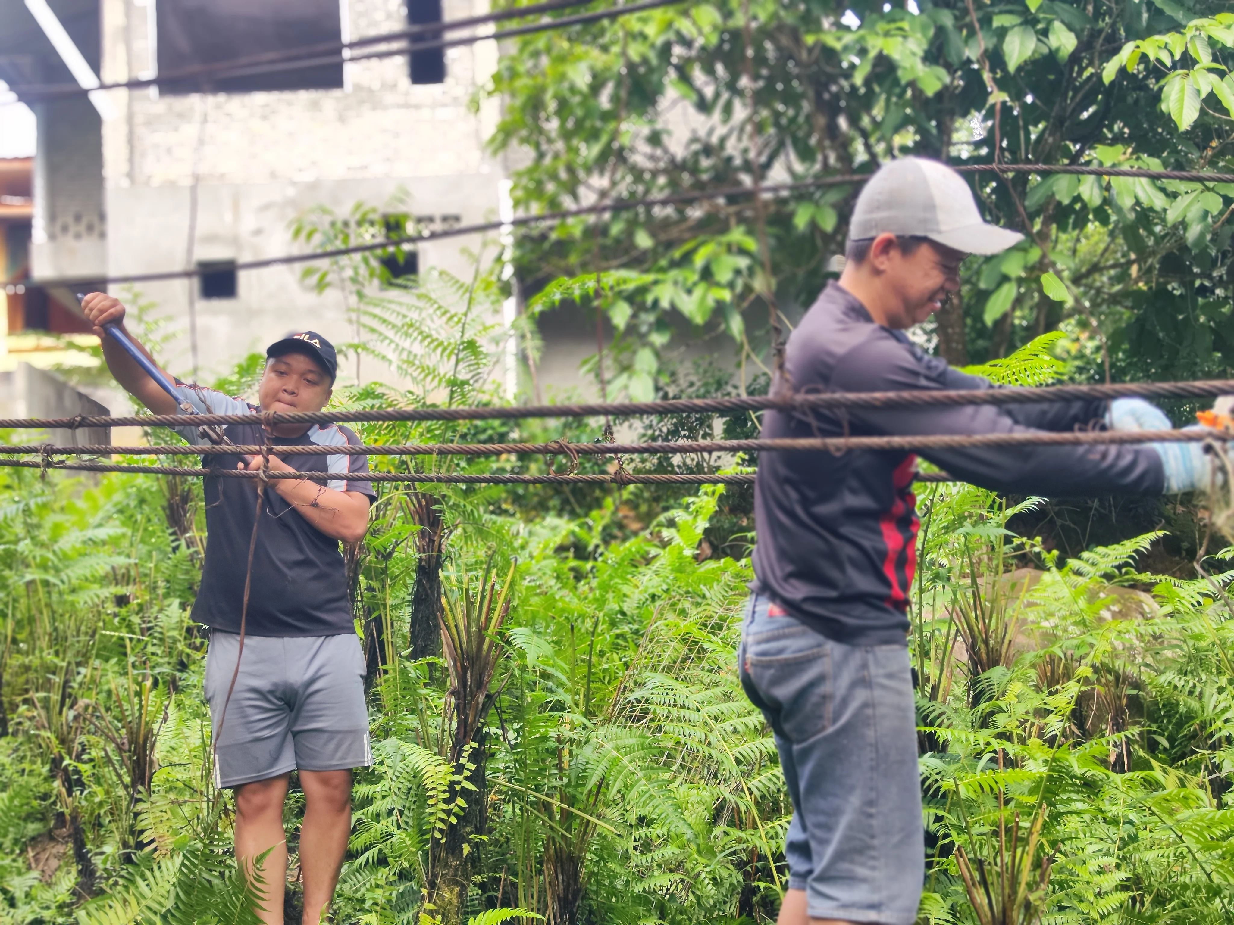 rural villagers adjusting the bridge wire lines