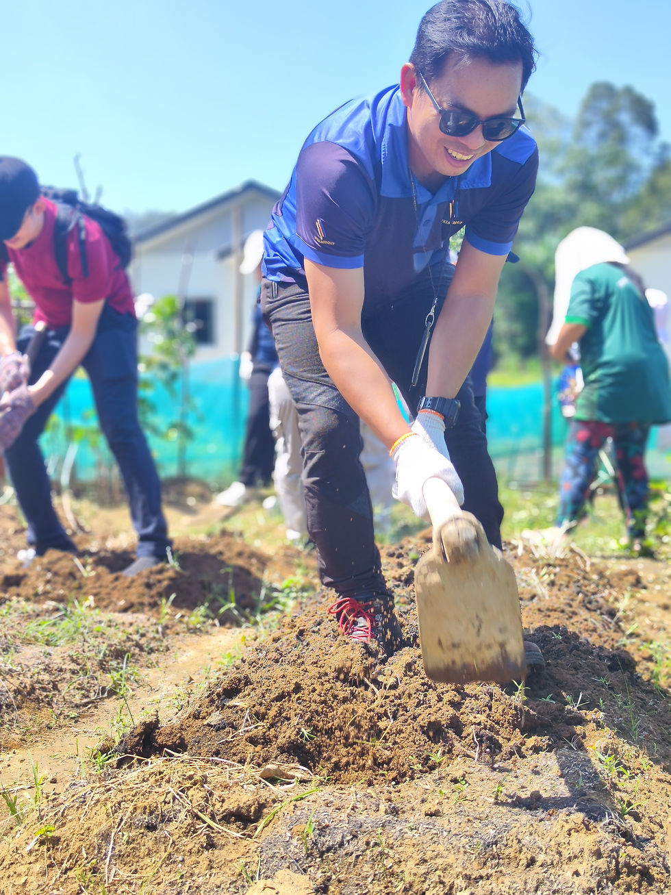 Volunteers working together to prepare the soil for a raised garden bed.