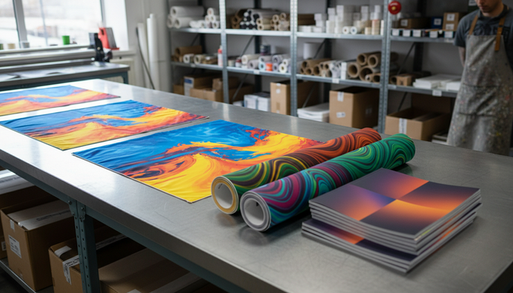Eye-level view of printed trade show signs and catalogs on a production table.