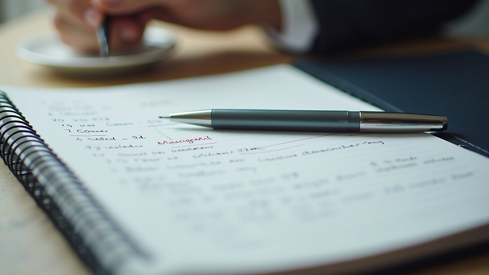 Close-up view of a notebook with sports management notes and a pen