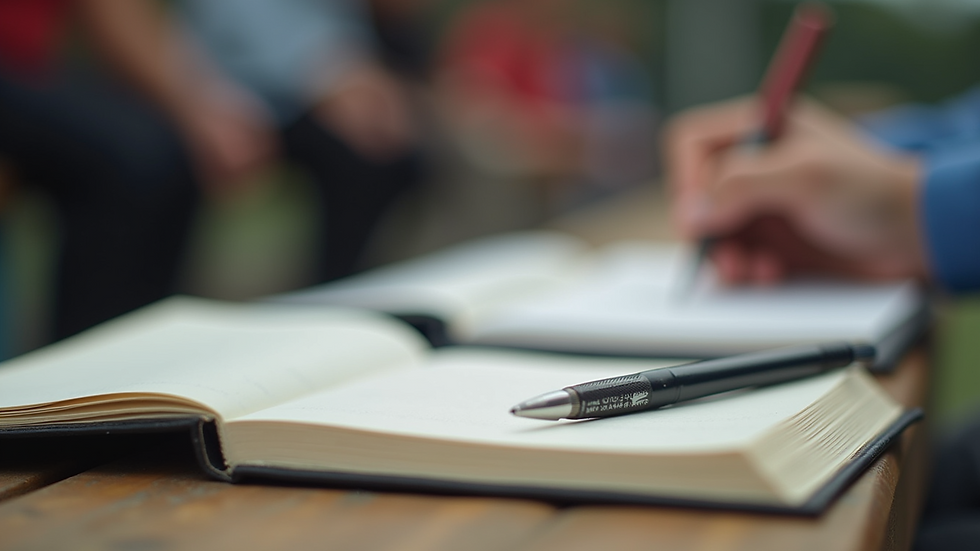 Close-up view of a journal and pen on a sports bench, symbolizing reflection and identity growth