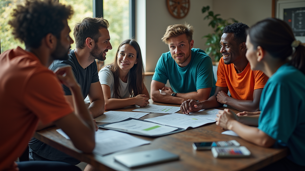 High angle view of a sports team meeting with a coach discussing integrated support strategies