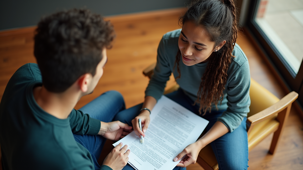 High angle view of a student-athlete reviewing NIL contract documents with a mentor