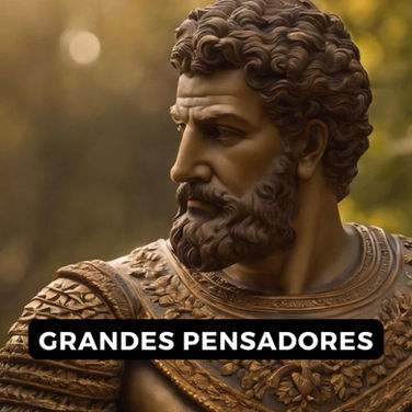 Busto de bronze de um filósofo estoico ou imperador romano, como Marco Aurélio, com o título 'Grandes Pensadores' em destaque - playlist canal Multiverso