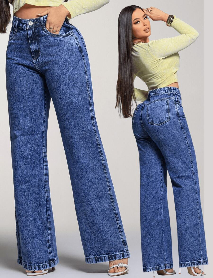 Calca Jeans Wide Leg Feminina Pantalona Marmorizada Larga Cintura Alta 100% Algo