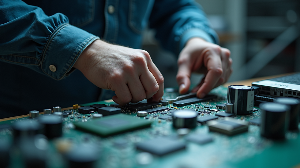 Close-up view of professional technician repairing a laptop motherboard