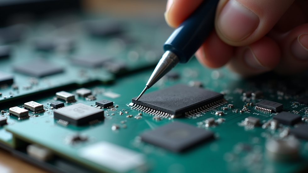 Close-up view of a laptop motherboard being repaired