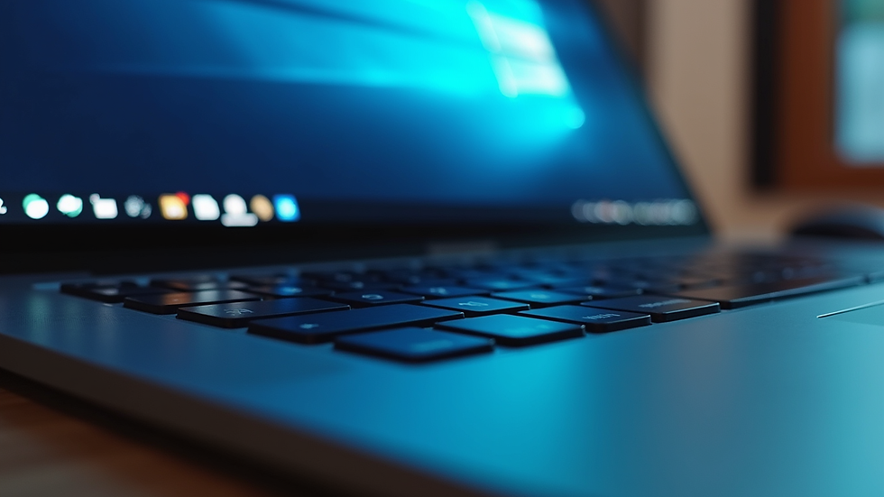 Eye-level view of MacBook keyboard and screen showing Windows desktop