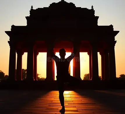 silhouette-man-doing-yoga-front-temple-sunset-person-performing-pose-standing-one-leg-arms