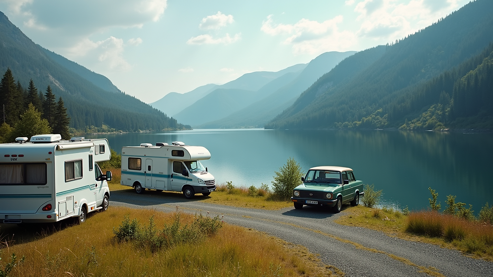 Wide angle view of RVs parked near a calm lake with forested hills in the background