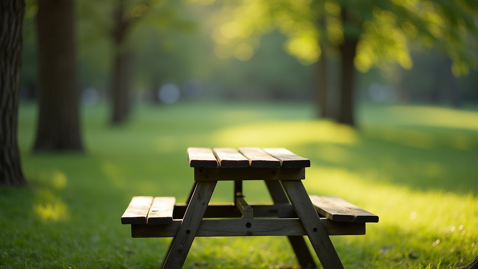 Close-up view of a picnic table set in a green park with trees