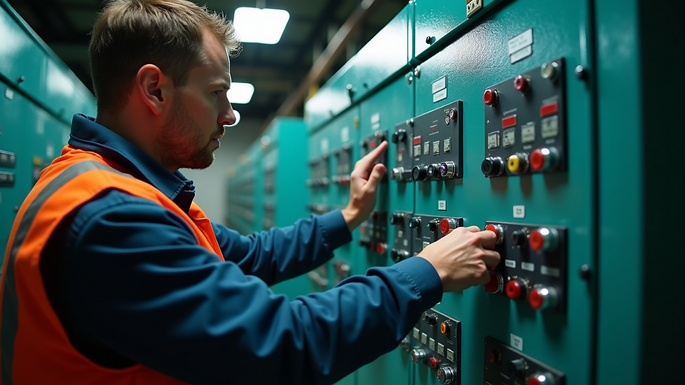 Eye-level view of technician inspecting generator control panel