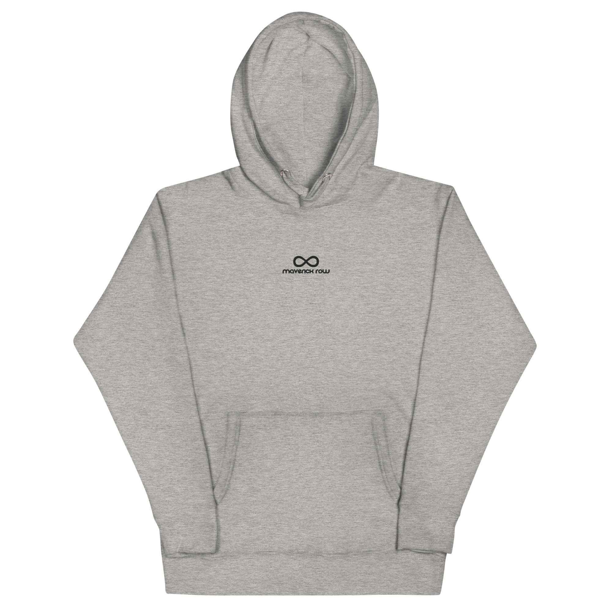 Sudadera unisex gris claro Maverick Row, algodón premium con poliéster, logo negro bordado en el pecho y bolsillo frontal
