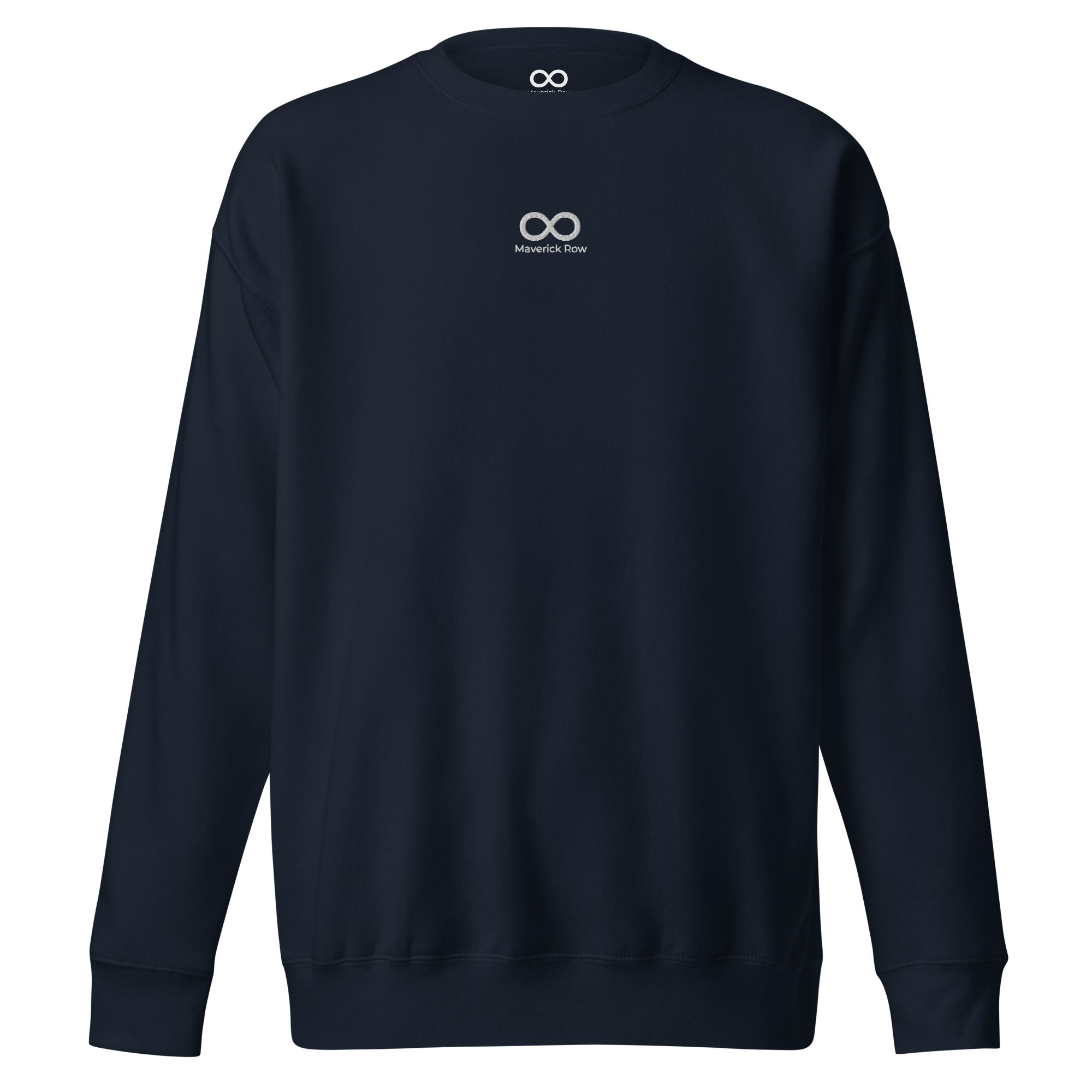Sudadera azul marino unisex Maverick Row con logo minimalista bordado en el pecho, diseño premium moderno y versátil.