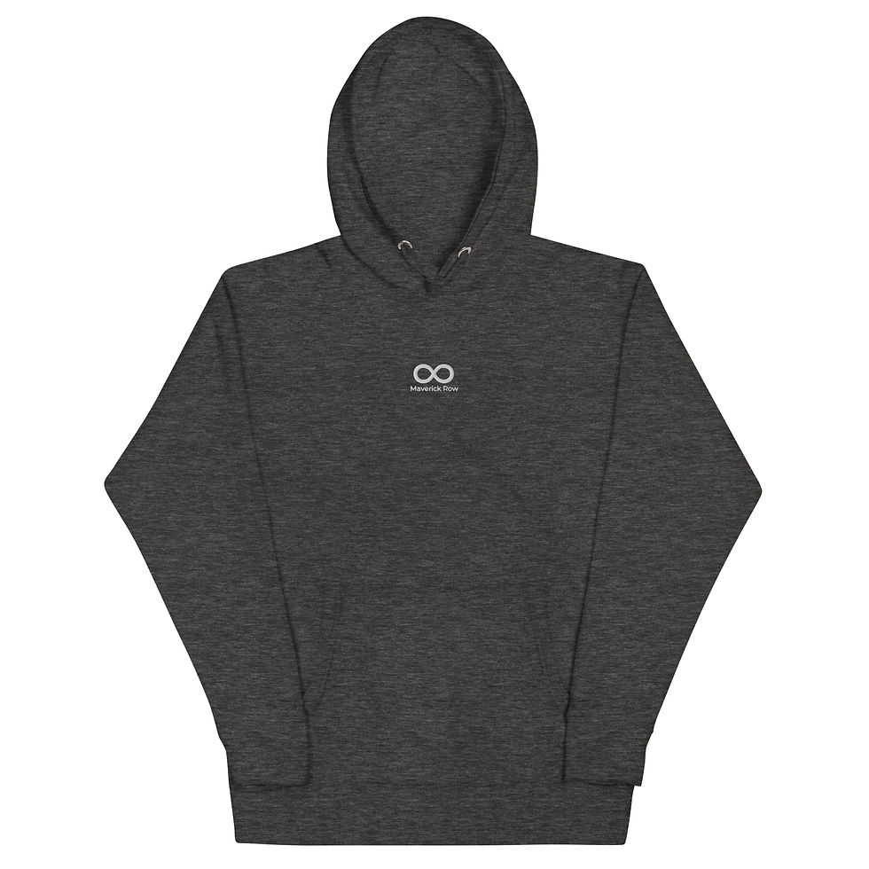 Sudadera unisex gris oscuro Maverick Row, algodón premium con poliéster, logo blanco bordado en el pecho y bolsillo frontal