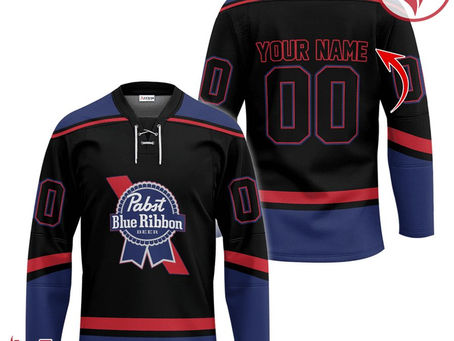 Pabst Blue Ribbon Beer Black And Blue Hockey Jersey - Perfect for Beer Lovers