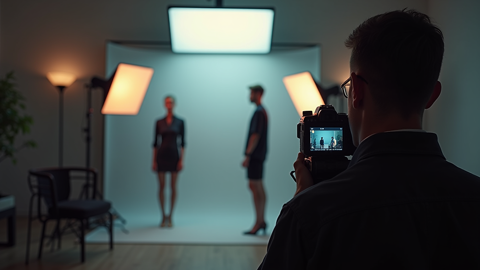 Close-up view of a fashion photoshoot setup with lighting and camera