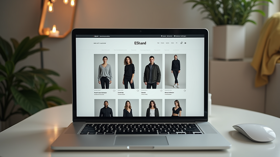 Close-up view of a laptop screen showing a DTC fashion brand website with product images