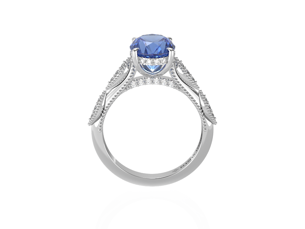 縮圖：OVAL BLUE SAPPHIRE & DIAMOND HALO MILGRAIN BEADS BAND ENGAGEMENT RING