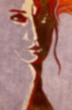 Schilderij rood en rosé uit leer en suède van een vrouw