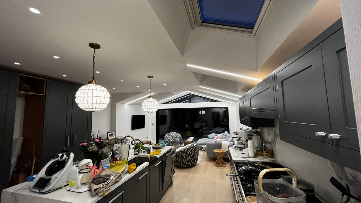 Finished Modern Kitchen Lighting Design. West London Electrical Services EICR landlord certificate, rewire fuseboard change,