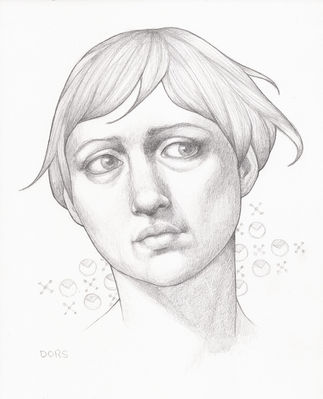 Pencil portrait of Marjorie with a slight patterned background.