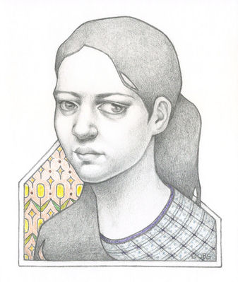 Pencil portrait drawing of Marta with patterned shirt and background.