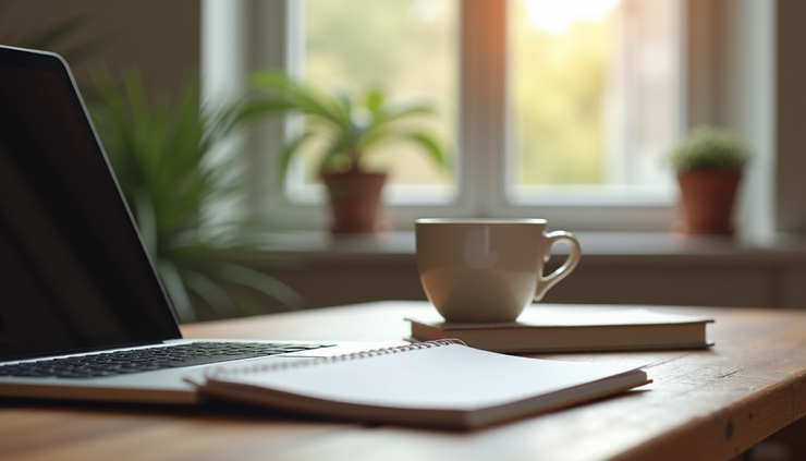 Eye-level view of a home workspace with a laptop, notebook, and coffee cup
