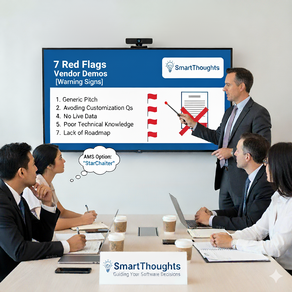 Spot warning signs in AMS vendor demos before signing. 47% of associations find major issues within 90 days. Learn the 7 red flags that predict implementation disaster.