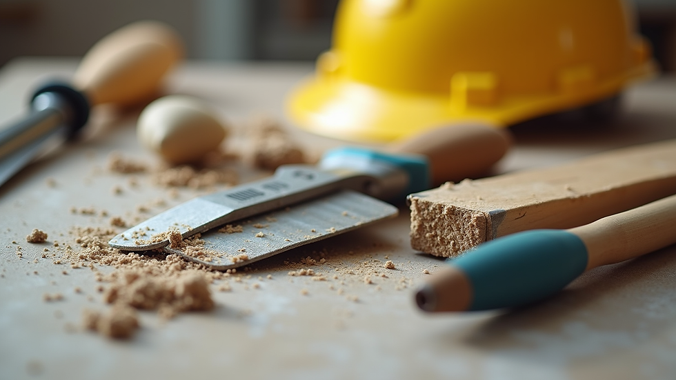 Close-up view of renovation tools and building materials