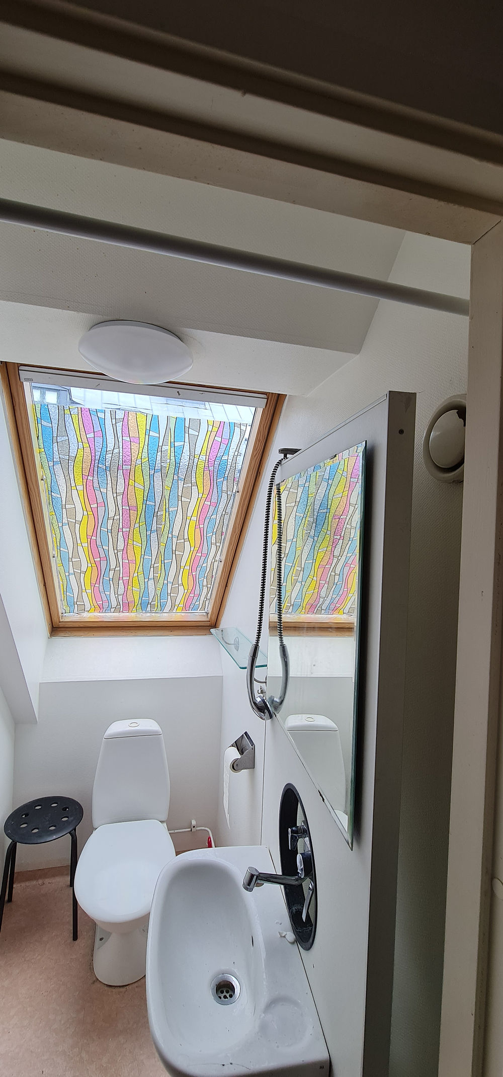 Bathroom in student housing with toilet, sink, and skylight