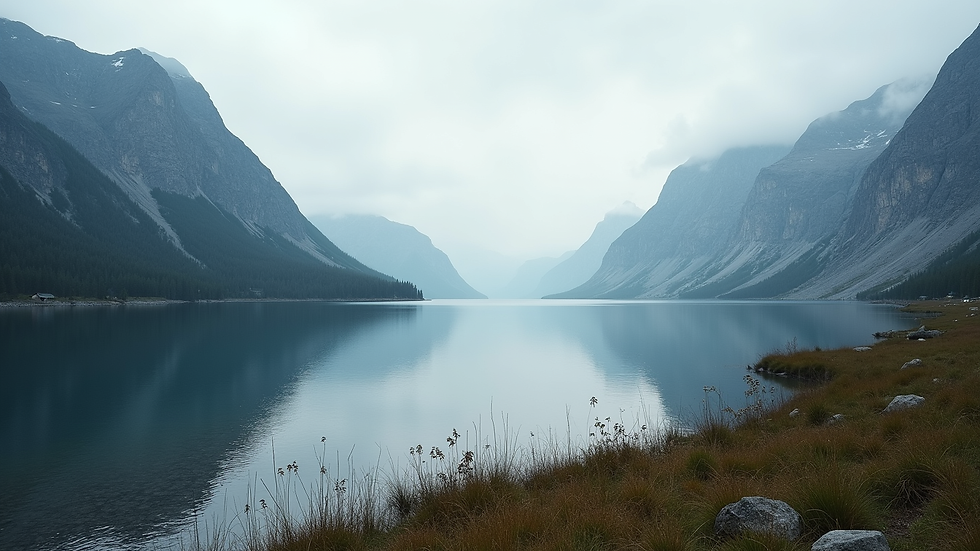 High angle view of a serene Nordic landscape with a lake and mountains