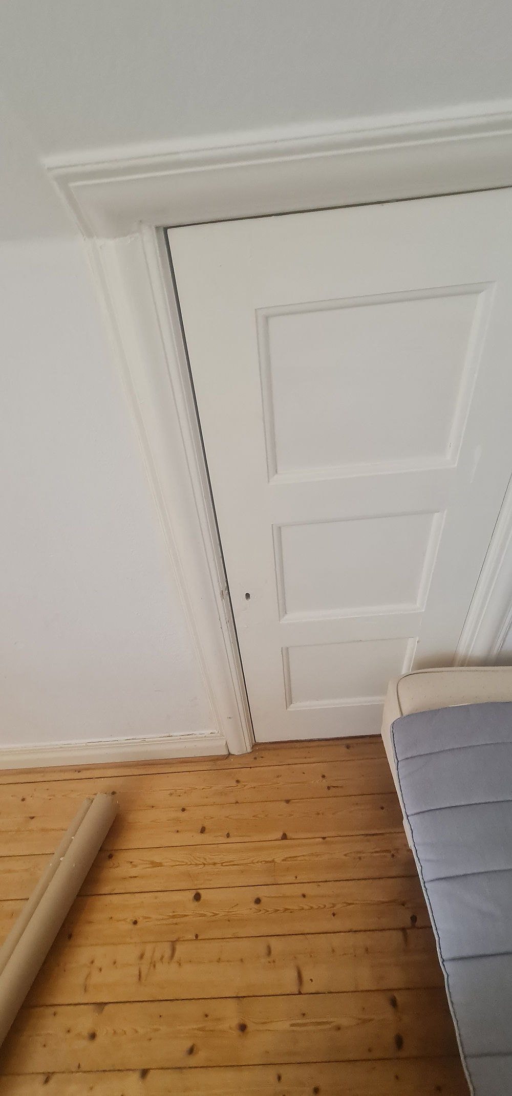 White door with three panels, white wall, wooden floor, and sofa