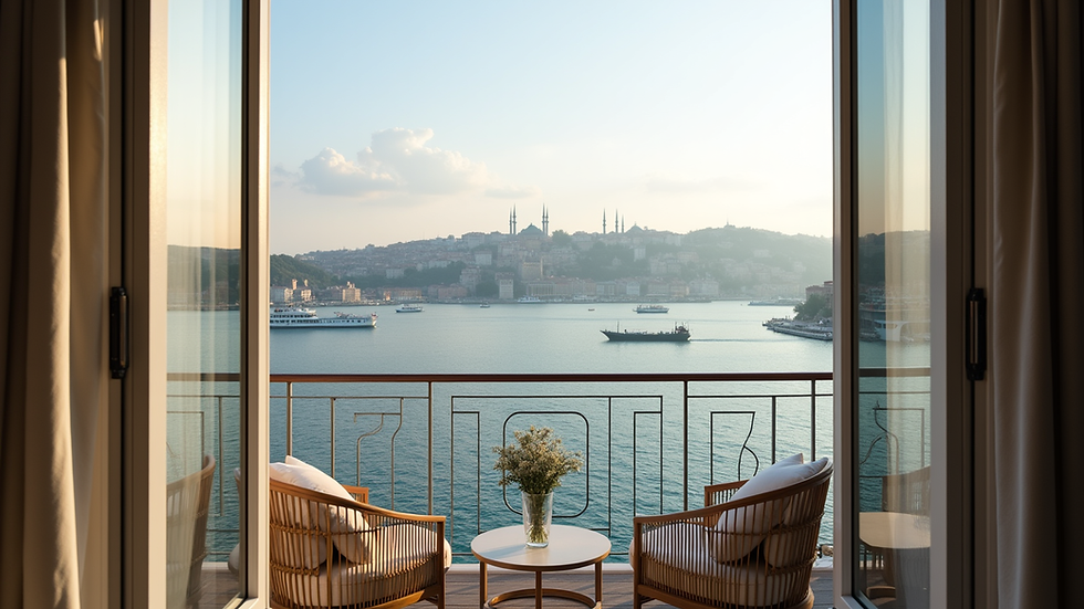 Eye-level view of a luxury apartment balcony overlooking the Bosphorus